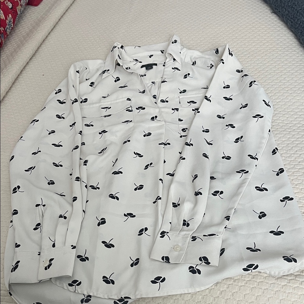 Ann Taylor White Shirt with Black Leaf Pattern